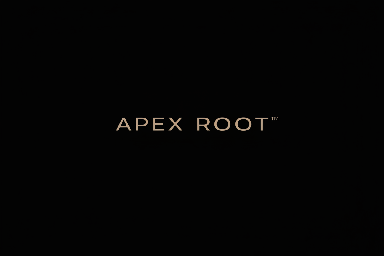 Brand name 'APEX ROOT' on a black background